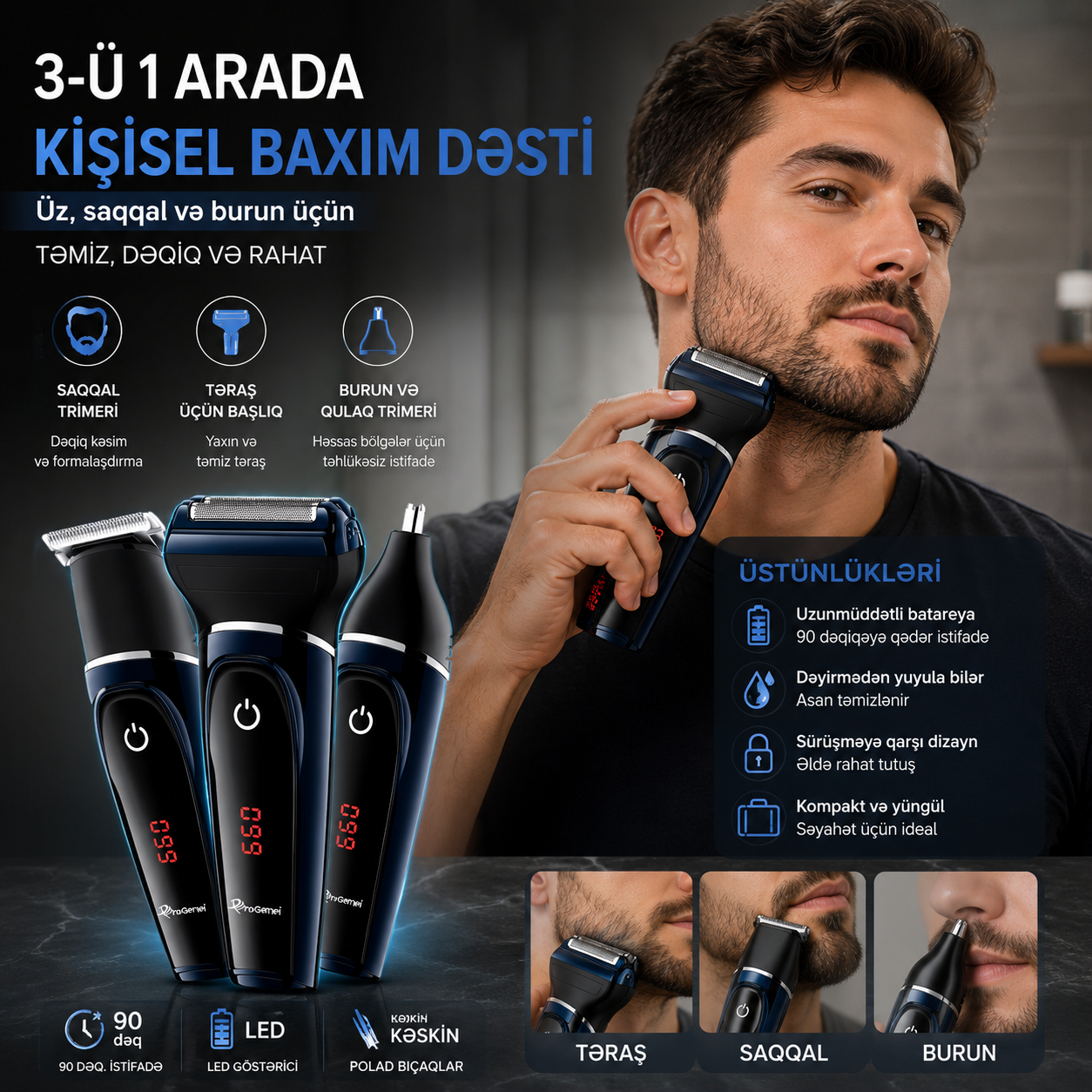 GEEMY GM-565 3-in-1 Electric Shaver – Beard, Nose and Ear Trimmer